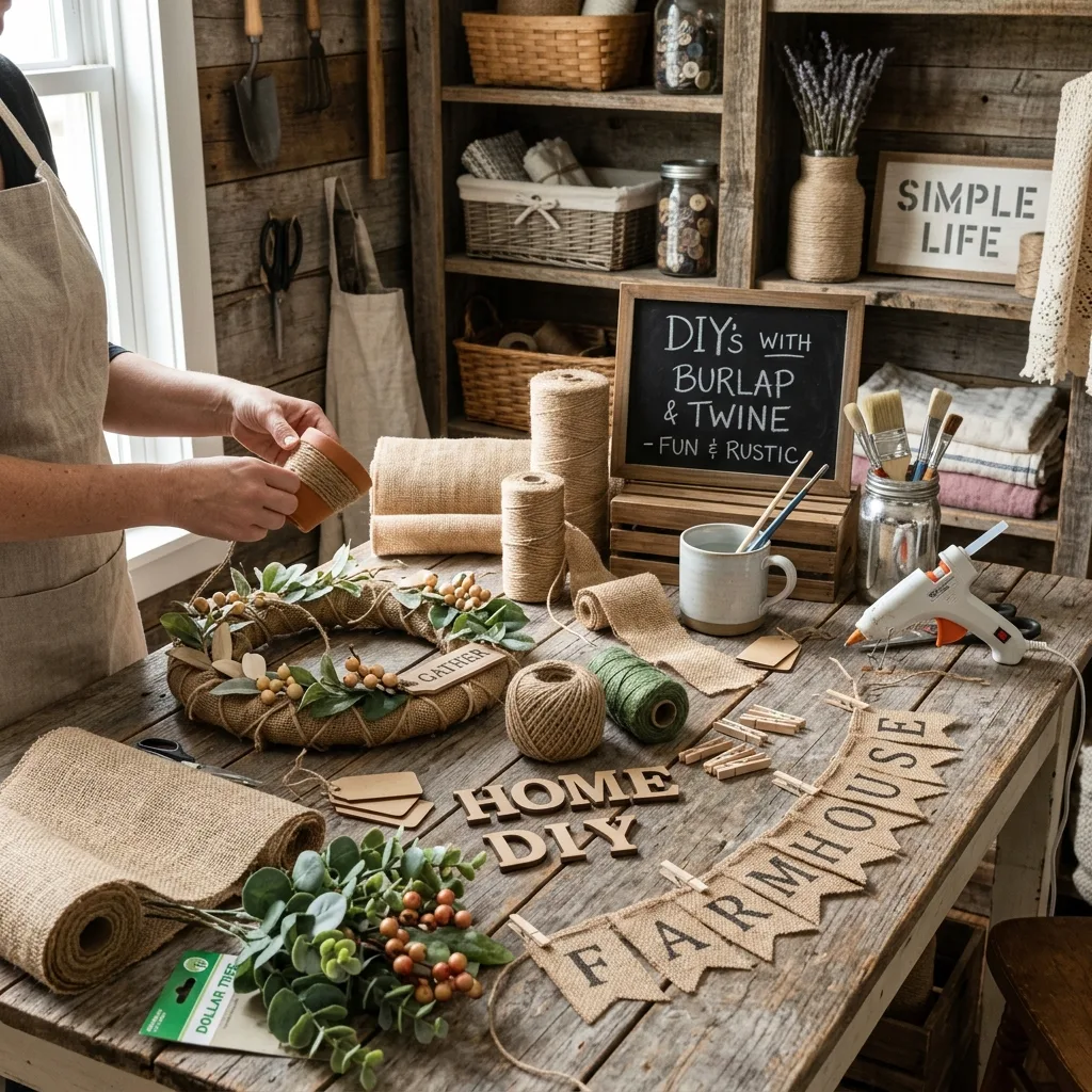 DIY burlap and twine farmhouse decor craft
